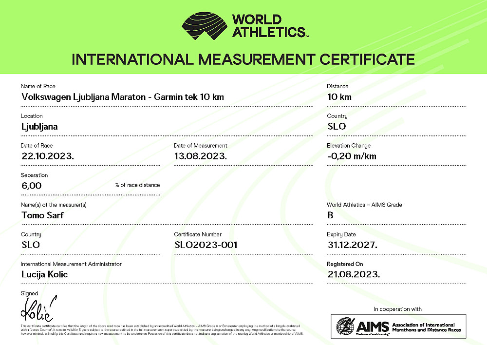 Certifikat Garmin tek 10 km