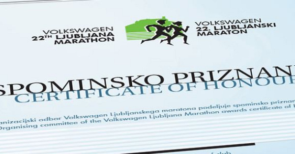 Certificate of honour Volkswagen 24th Ljubljana marathon